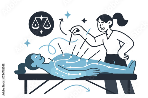 Glowing Acupuncture Therapy. Acupuncture therapy. A glowing character lying on a table with glowing