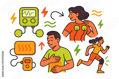 Innovative Pain Relief Tools. Chronic pain relief tools. A glowing set of devices like TENS units, heat pads,