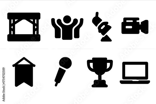 Live Event Icons. Live events. Filled icon set of Live events: stage, cheering crowd, spotlight, camera,