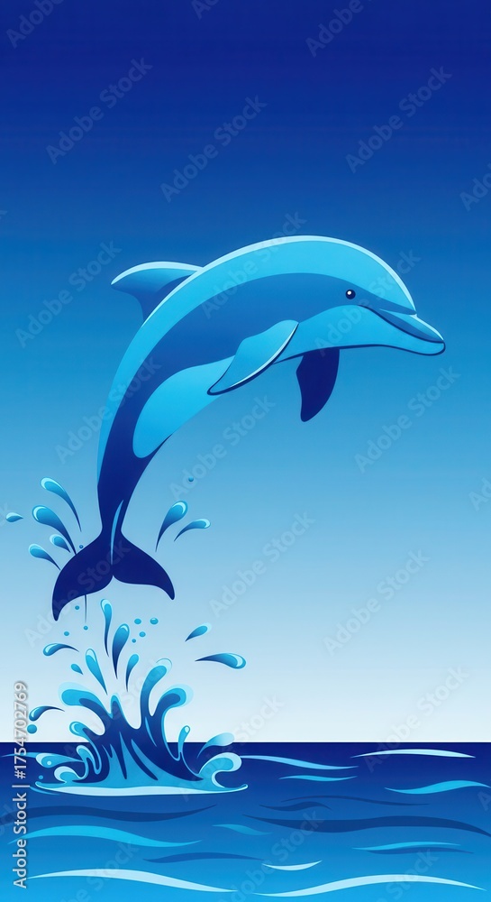 Fototapeta premium Bright blue dolphin leaps from ocean waves in a celebratory splash.