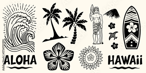 Collection of hawaiian themed graphic elements including waves palm trees a surfer a surfboard and tropical flowers