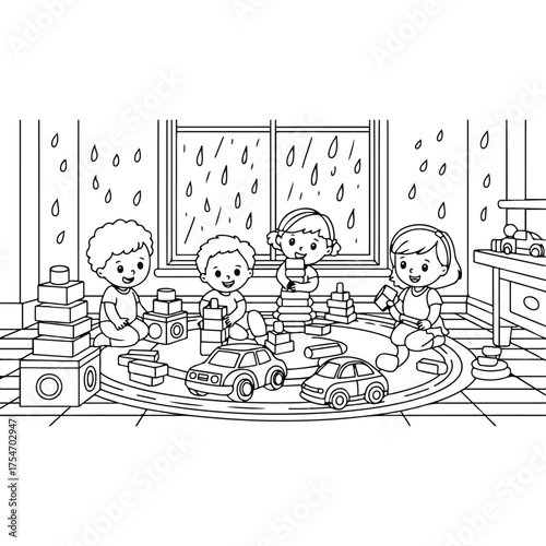 Children Playing with Toys Inside on a Rainy Day Black and White Illustration