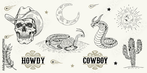 Whimsical western tattoo style illustration collection with skull cowboy hat moon cactus and mythical creatures