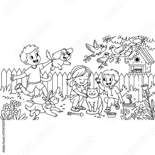 Children Playing with Animals Black and White Outline