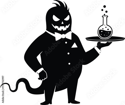 Cartoon devil waiter in tuxedo, mischievous demon character, black and white illustration, science flask, fantasy art, gothic, surreal, playful
