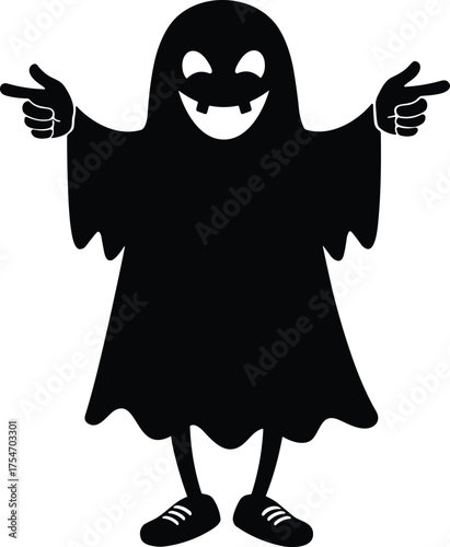 Cartoon ghost character, playful vampire ghost, Halloween costume illustration, spooky sneakers design, funny fanged spirit, whimsical artwork, festive supernatural cartoon, eerie humor