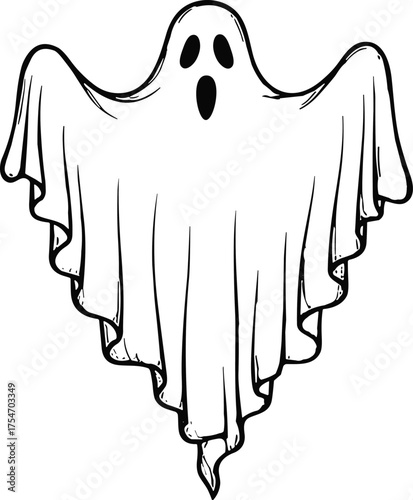 Cartoon ghost illustration, spooky Halloween character, white sheet phantom, scary spirit design, haunted night figure, eerie supernatural drawing, creepy costume art