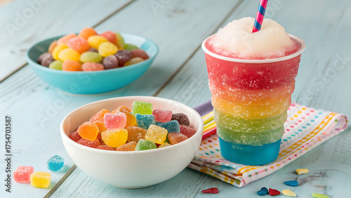 bowl of candy, colorful jelly candies, Sweet, Colorful rainbow slush drink topped with gummy candies, straw. cool Layered frozen beverage offers vibrant fruity flavors. Perfect summer refreshment for 