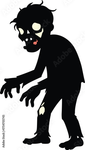 Cartoon zombie silhouette, creepy horror illustration, scary undead figure, glowing eyes, tattered clothes, Halloween design, spooky monster art, eerie fantasy character