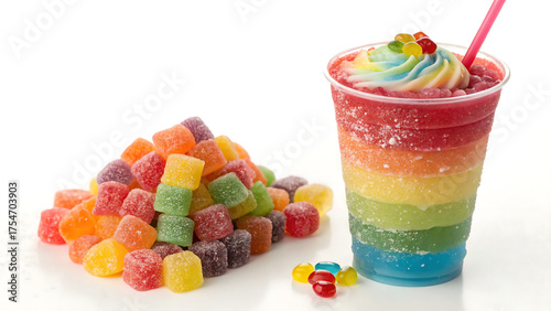 bowl of candy, colorful jelly candies, Sweet, Colorful rainbow slush drink topped with gummy candies, straw. cool Layered frozen beverage offers vibrant fruity flavors. Perfect summer refreshment for 