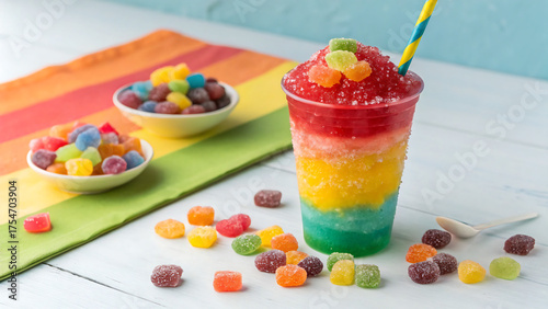 bowl of candy, colorful jelly candies, Sweet, Colorful rainbow slush drink topped with gummy candies, straw. cool Layered frozen beverage offers vibrant fruity flavors. Perfect summer refreshment for 