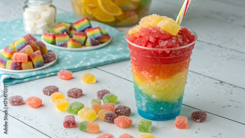 bowl of candy, colorful jelly candies, Sweet, Colorful rainbow slush drink topped with gummy candies, straw. cool Layered frozen beverage offers vibrant fruity flavors. Perfect summer refreshment for 