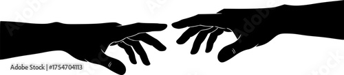 Reaching hand silhouette. This image showcases bold black silhouettes of two hands reaching towards each other, symbolizing interaction and support. Vector clipart illustration design
