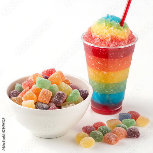 bowl of candy, colorful jelly candies, Sweet, Colorful rainbow slush drink topped with gummy candies, straw. cool Layered frozen beverage offers vibrant fruity flavors. Perfect summer refreshment for 