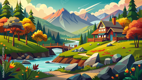 Very beautiful nature scenery in Maggie Valley, North Carolina, surrounded by lush green mountains, flowing creeks, and wildflowers under a bright blue sky, showcasing serene Appalachian beauty.