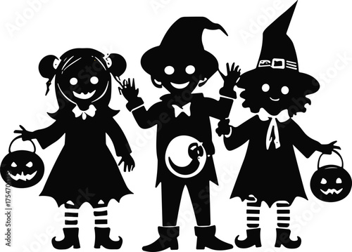 Children in Halloween costumes with pumpkin 