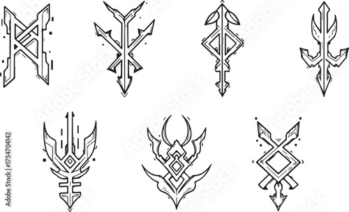 Hand-drawn cybersigilism symbols set in black and white, abstract geometric occult runes and glitch aesthetic vector illustration