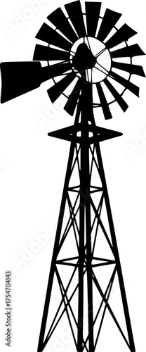 Farm windmill silhouette. A black silhouette image of a traditional farm windmill with circular blades and a lattice tower, rural agriculture and energy production. Vector clipart illustration design