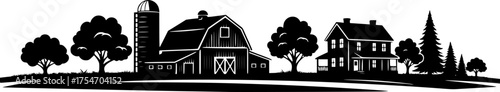 Farm silhouette. This image shows a farm scene with a barn, house, trees, and fields in black silhouette style, symbolizing rural agriculture. Vector clipart illustration design.