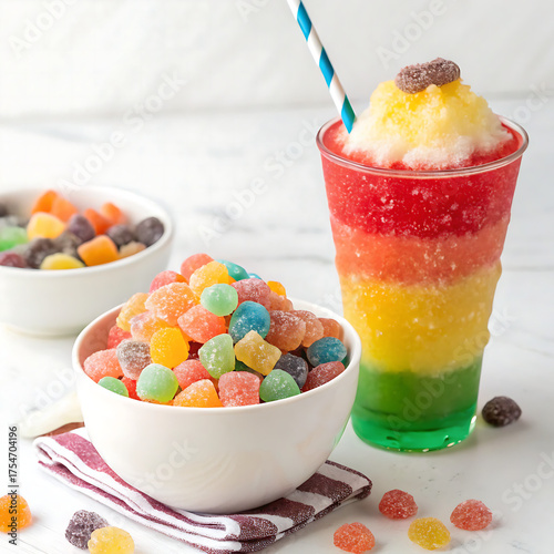 bowl of candy, colorful jelly candies, Sweet, Colorful rainbow slush drink topped with gummy candies, straw. cool Layered frozen beverage offers vibrant fruity flavors. Perfect summer refreshment for 