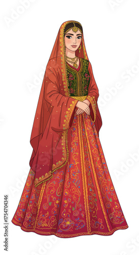 Beautifully Illustrated Woman in Traditional Ethnic Attire, Adorned with Intricate Patterns and Rich Colors