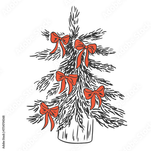 Hand drawn chalk Christmas tree with bows. Retro vintage new year party. Decorative design element for holiday. Vector doodle illustration