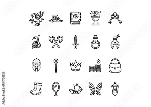 Magical & Medieval Vector Icon Set, Black and White Fantasy Roleplaying Game Icons, Mythical Creatures and Spells Line Art Collection
