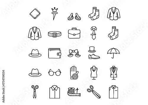 Men's Formalwear Vector Icon Collection, Tailoring and Suiting Line Art Icons, Black and White Professional Attire Icons
