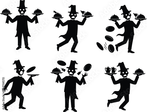 Chef silhouette illustration, restaurant kitchen art, humorous cooking scene, food service design, black and white artwork, dynamic chef poses, culinary artwork