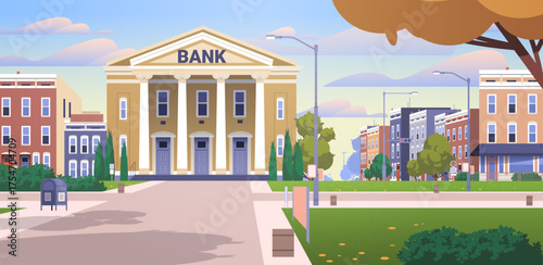 Bank building on the main street vector illustration. Financial institution urban banner