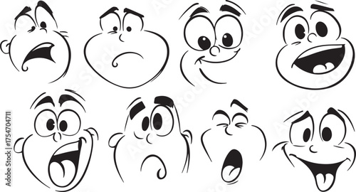 A cute black and white cats vector illustration set of funny cartoon animal characters and face icons