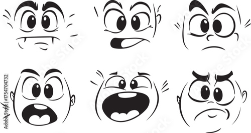 Cartoon vector set of black and white icons featuring funny animal faces, monster heads, and smiling baby bird characters with various expressions