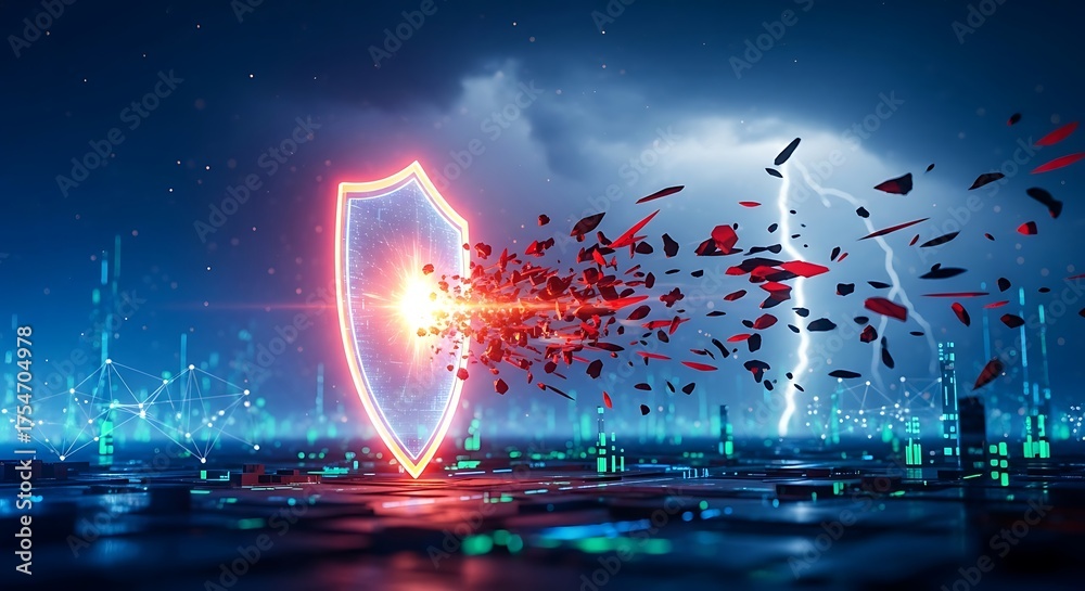 Obraz premium Digital shield shattering under stormy digital sky, representing cyber security and data protection.
