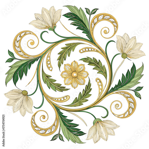 A circular floral design with green leaves and yellow flowers on a white background.