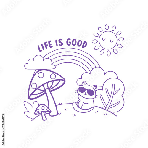 Outline Coloring Page Vector: Cool Cat with Sunglasses Under Rainbow and Mushroom, "Life is Good"