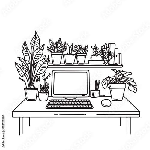 pencil sketch outline illustration of keyboard in a workspace filled with plants