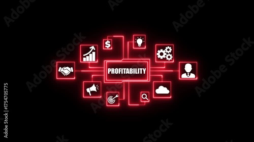 Profitability concept diagram with glowing  icons representing business growth success. Business, Technology, Internet and network concept.