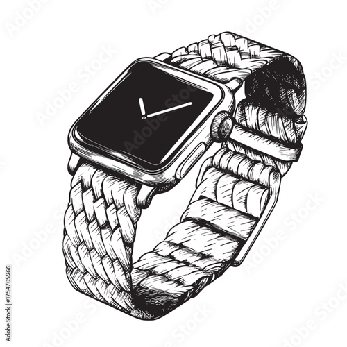 simple flat line art outline design of smartwatch on a woven strap