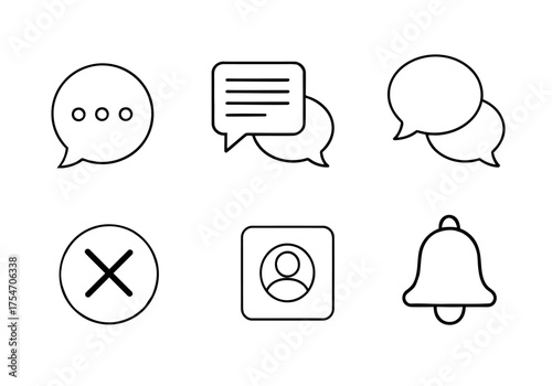 Outline Social Media Communication Icons on White Background Representing Chatting Notifications and User Profile
