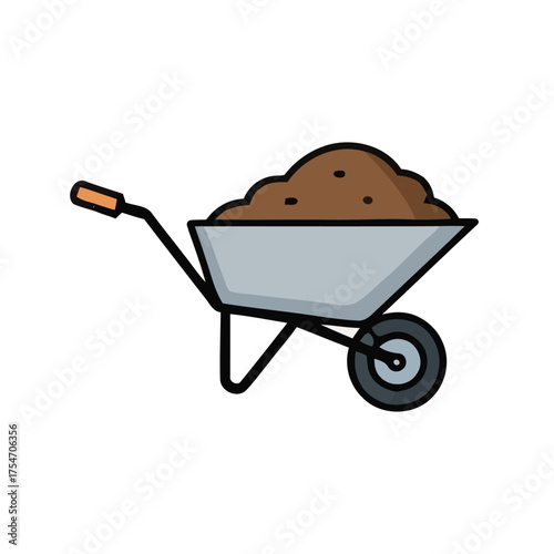 Wheelbarrow filled with dirt or soil used for gardening or construction projects