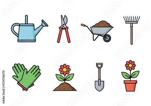 Gardening Tools and Plants Represented as Vector Icons on a White Background