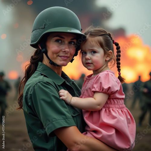 female soldier in a helmet with european appearance holds a girl in a pink dress