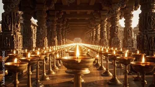 Wallpaper Mural Traditional oil lamps illuminate an ornate ancient hall with countless carved pillars, creating a spiritual and sacred atmosphere of light. Torontodigital.ca