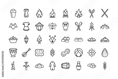 Lohri festival line art icons collection, bonfire, dhol, sugarcane, peanuts, gajak, folk dancers, traditional attire, harvest celebration, Punjabi festival, festive night, community gathering, vector 