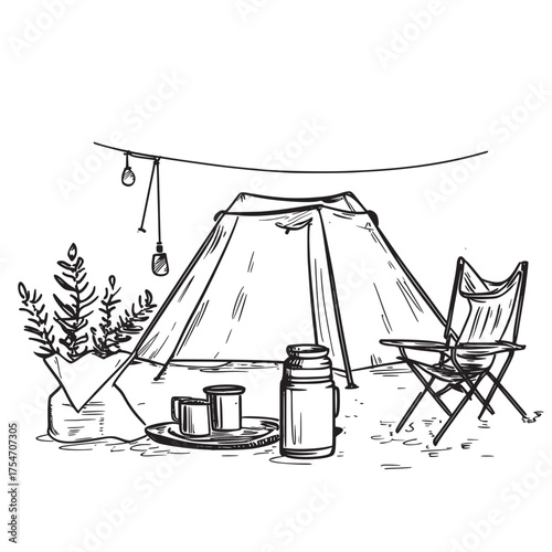 cartoon line art vector illustration of camping setups for comfort and convenience