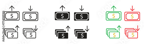 set of cost symbol dollar increase and decrease icon, money, dollar sign with arrow up and down rounded black red green black icons .profit and lose icons with arrow ,  vector illustration .