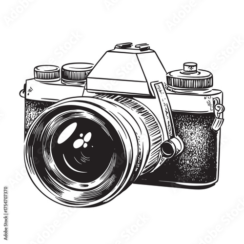 sketched outline cartoon vector illustration of camera focusing on a dewcovered leaf