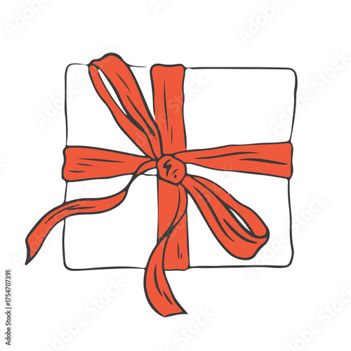 Hand drawn chalk Christmas gift box with bow and ribbon. Retro vintage new year party. Decorative design element for holiday. Vector doodle illustration