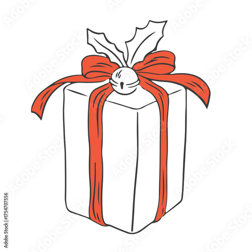 Hand drawn chalk Christmas gift box with bow and ribbon. Retro vintage new year party. Decorative design element for holiday. Vector doodle illustration