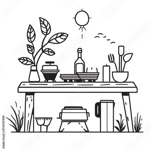 artistic vector illustration with simple lines of indulging in outdoor cooking experiences